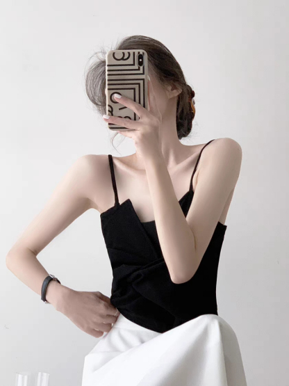 Tatey Asymmetrical Front Bow Cami Top-The Black Bow-