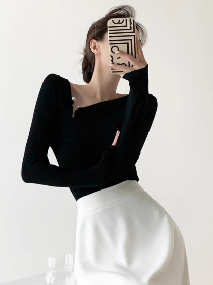 Tenbie Long Sleeve Asymmetrical Collar Top (Discounted-S size)-The Black Bow-
