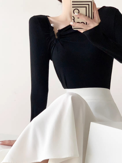 Tenbie Long Sleeve Asymmetrical Collar Top (Discounted-S size)-The Black Bow-