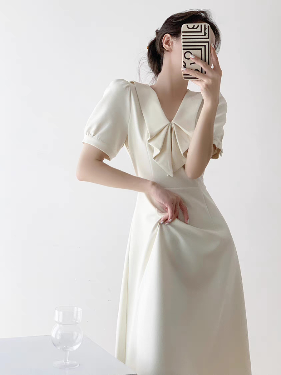 Sterly Folded Sailor Collar Flared Hem Dress-The Black Bow-