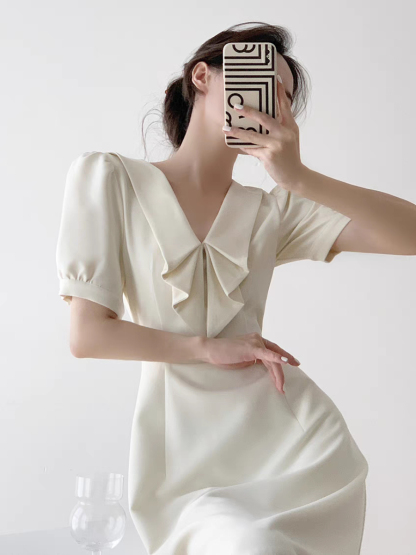 Sterly Folded Sailor Collar Flared Hem Dress-The Black Bow-