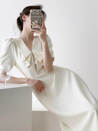Sterly Folded Sailor Collar Flared Hem Dress-The Black Bow-