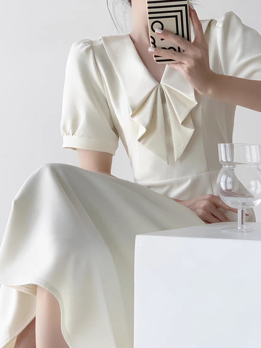 Sterly Folded Sailor Collar Flared Hem Dress-The Black Bow-