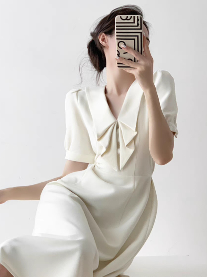 Sterly Folded Sailor Collar Flared Hem Dress-The Black Bow-