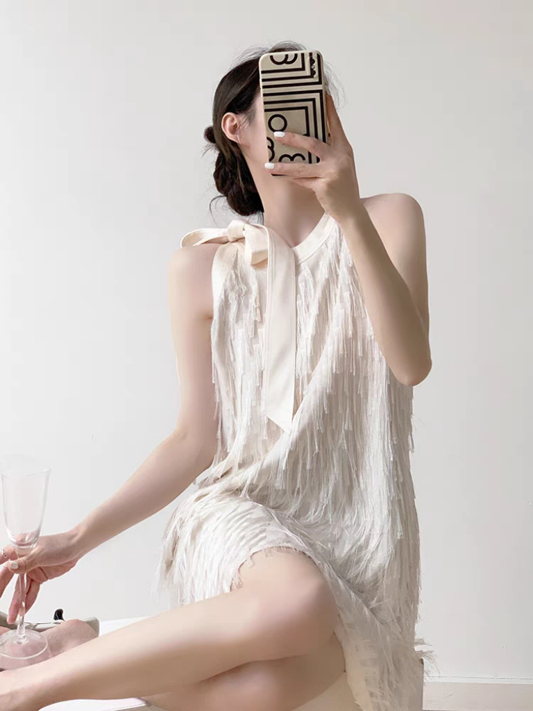 Shawna Ribbon Tie Sleeveless Tassel Dress-The Black Bow-