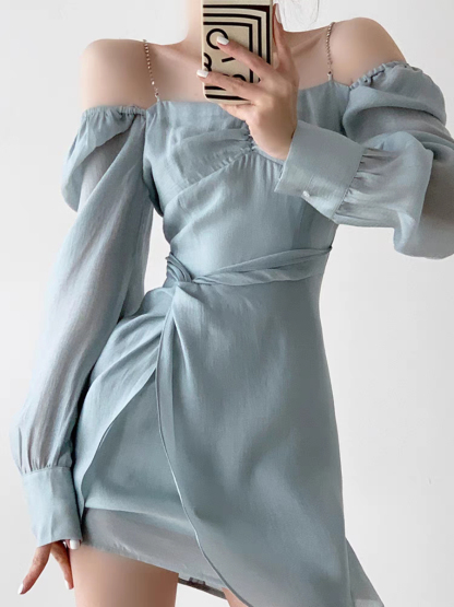 Sayene Diamond Strap Off Shoulder Mini Dress (Discounted-L size)-The Black Bow-