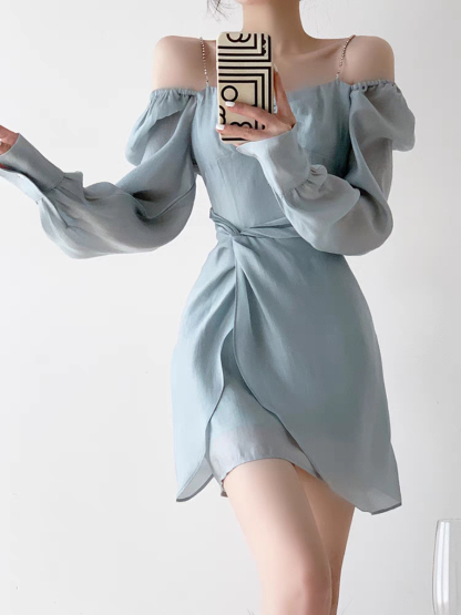 Sayene Diamond Strap Off Shoulder Mini Dress (Discounted-L size)-The Black Bow-