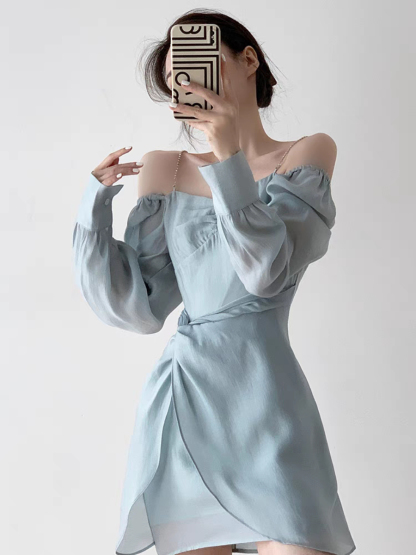 Sayene Diamond Strap Off Shoulder Mini Dress (Discounted-L size)-The Black Bow-