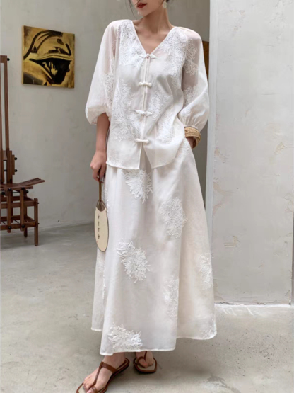 Cang Lan Long Sleeve Graceful Embroidered Set-Ivory (Skirt & Shorts)-The Black Bow-