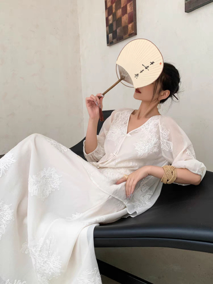 Cang Lan Long Sleeve Graceful Embroidered Set-Ivory (Skirt & Shorts)-The Black Bow-