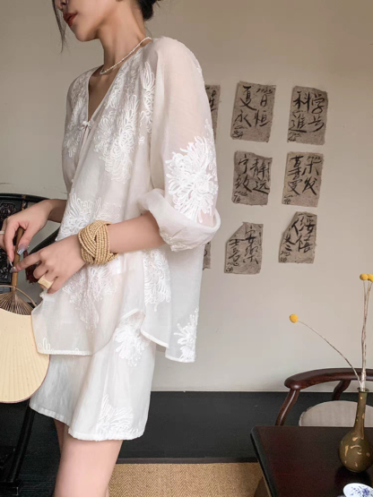 Cang Lan Long Sleeve Graceful Embroidered Set-Ivory (Skirt & Shorts)-The Black Bow-