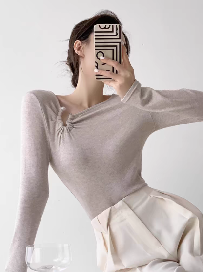 Tenbie Long Sleeve Asymmetrical Collar Top (Discounted-S size)-The Black Bow-
