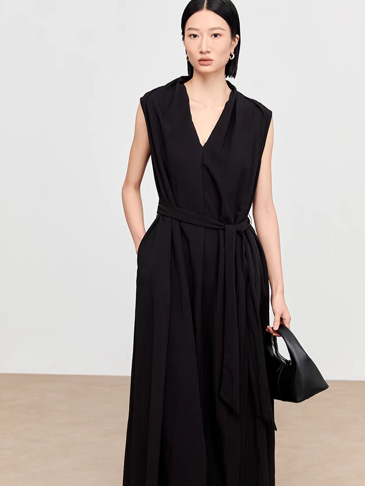 Kenza Tie Up Shawl Collar Dress with Inner Dress-The Black Bow-