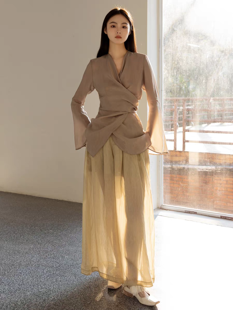 Koral Trumpet Sleeve Front Wrap Top-The Black Bow-