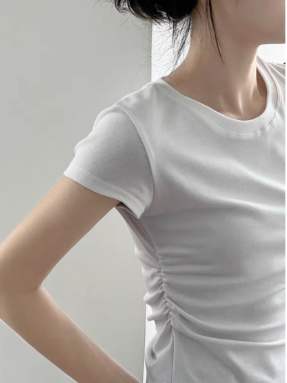 Hadya Round Neck Side Ruched Top-The Black Bow-