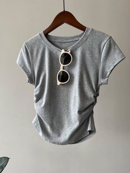 Hadya Round Neck Side Ruched Top-The Black Bow-