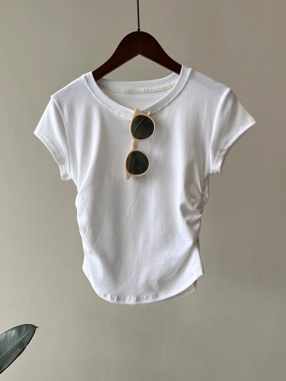 Hadya Round Neck Side Ruched Top-The Black Bow-