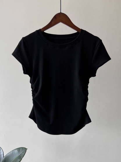 Hadya Round Neck Side Ruched Top-The Black Bow-