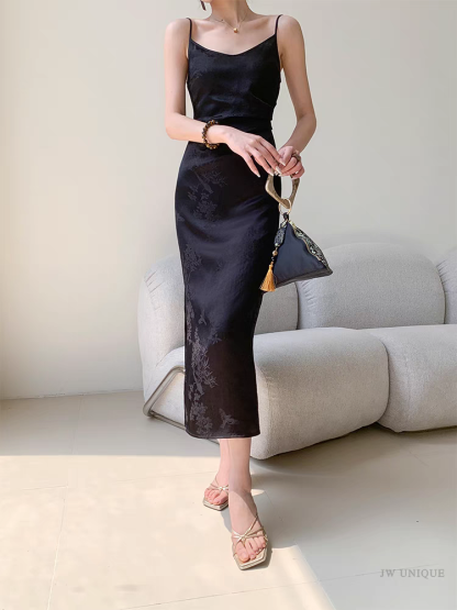 Ding Ning Side Ruched Oriental Jacquard Cami Dress-The Black Bow-