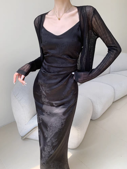Ding Ning Side Ruched Oriental Jacquard Cami Dress-The Black Bow-