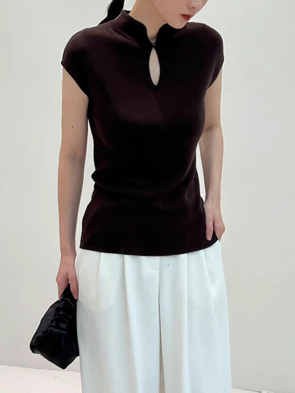 Jun Er Oriental Collar Knit Top-The Black Bow-