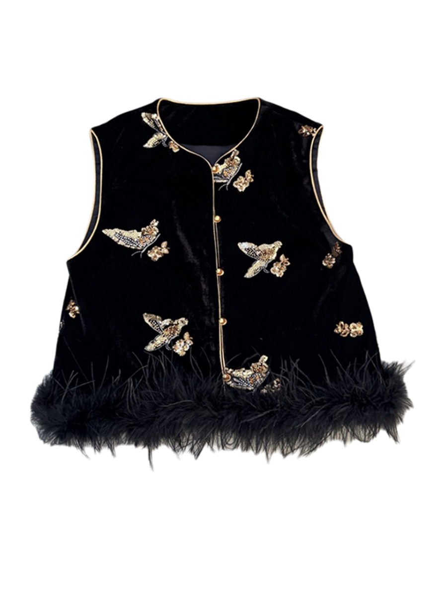 Shuang Jia Sequin Butterfly Feather Trim  Oriental Vest