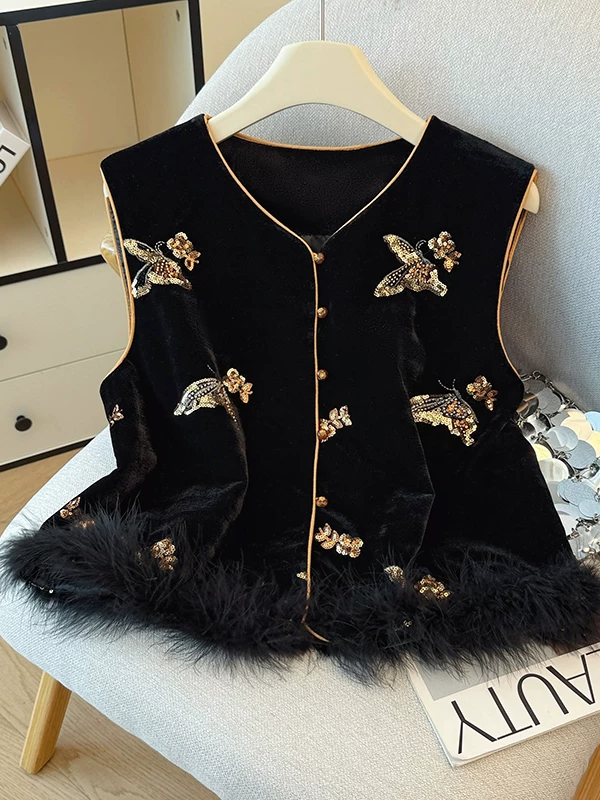 Shuang Jia Sequin Butterfly Feather Trim  Oriental Vest