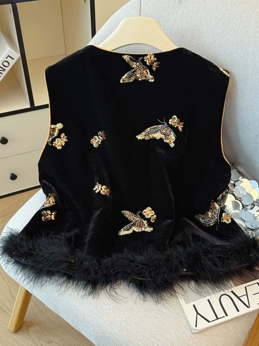 Shuang Jia Sequin Butterfly Feather Trim  Oriental Vest