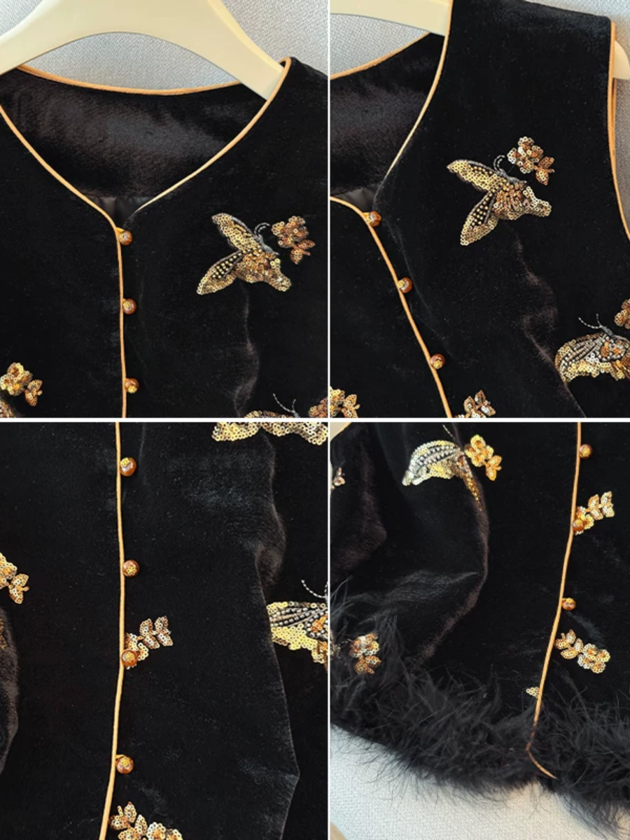 Shuang Jia Sequin Butterfly Feather Trim  Oriental Vest
