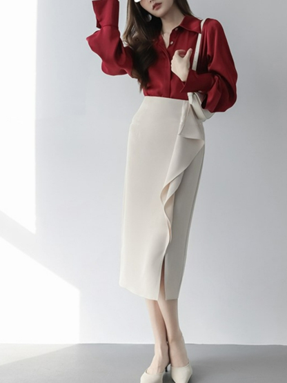 Daleyza Ruffle & Slit Pencil Skirt-The Black Bow-