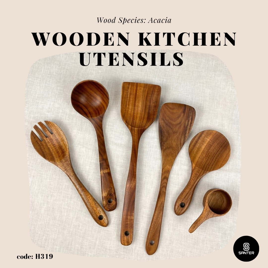 H319. Acacia Wood Wooden Kitchen Utensils / Rice Paddle / Frying Spatula / Wok Spatula / Soup Ladle / Salad Fork / Coffee Spoon