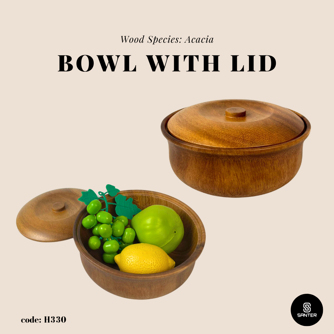 H330. Acacia Wood Bowl with Lid / Wooden Bowl / Wooden Food Container