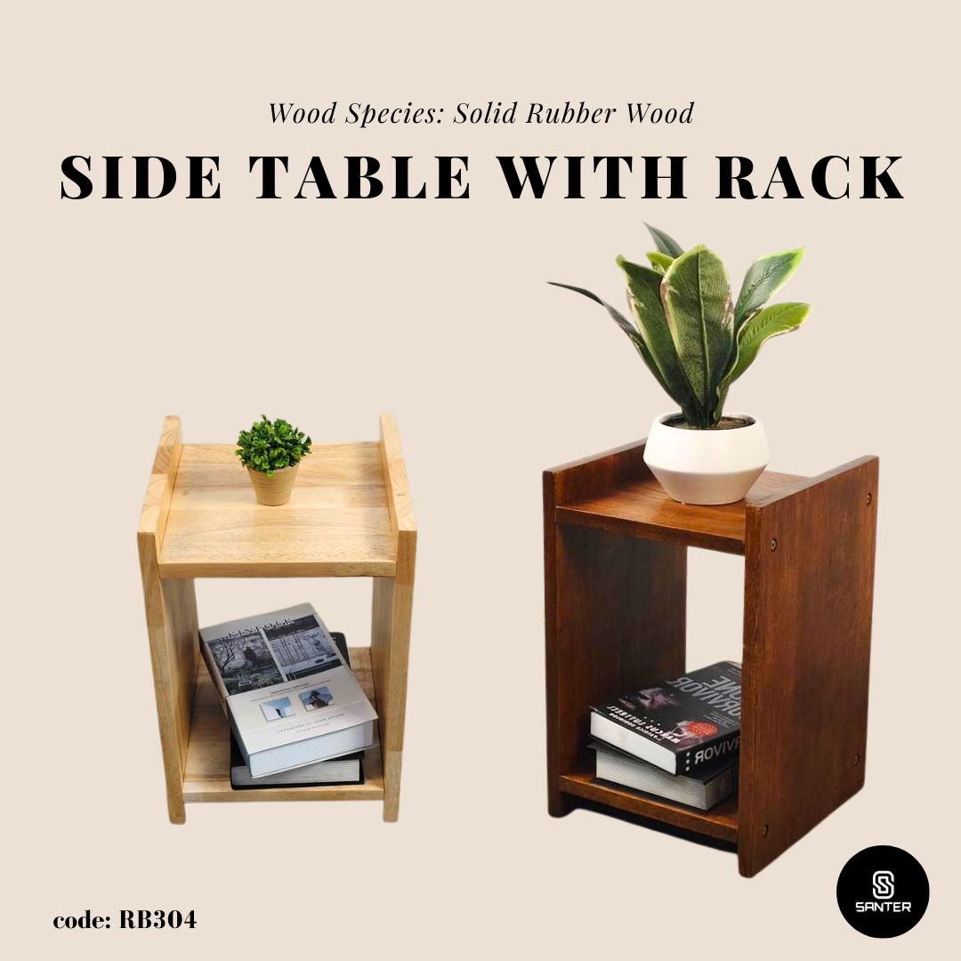 RB304. Solid Rubber Wood Side Table/ Bedside Table/ Storage Shelf/ Book Shelf/ Plant Pot Rack/ Side Table with Shelf