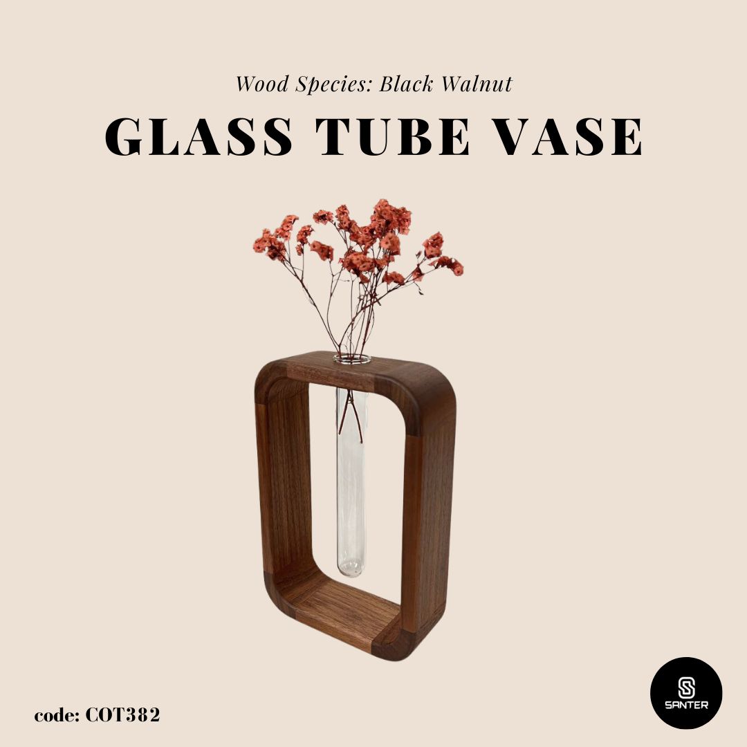 COT382. Black Walnut Solid Wood with Glass Test Tube Vase