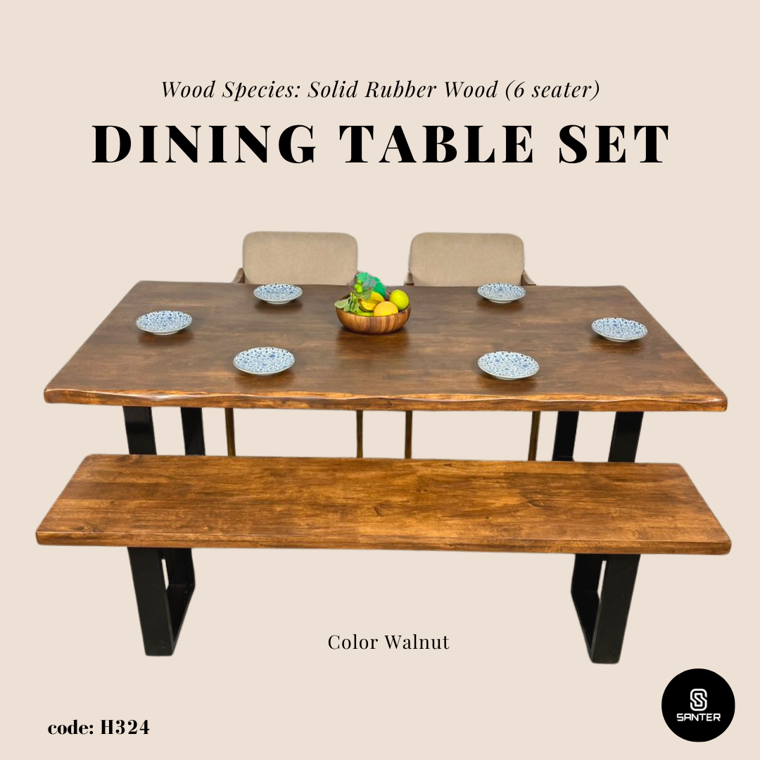 H324. Solid Rubber Wood Dining Table / Dining Bench / Dining Table Set (6 seater)