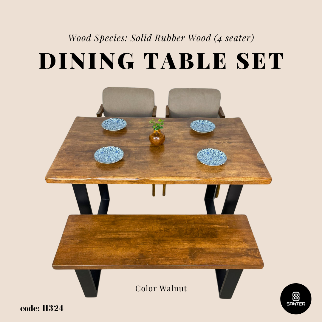 H324. Solid Rubber Wood Dining Table / Dining Bench / Dining Table Set (6 seater)