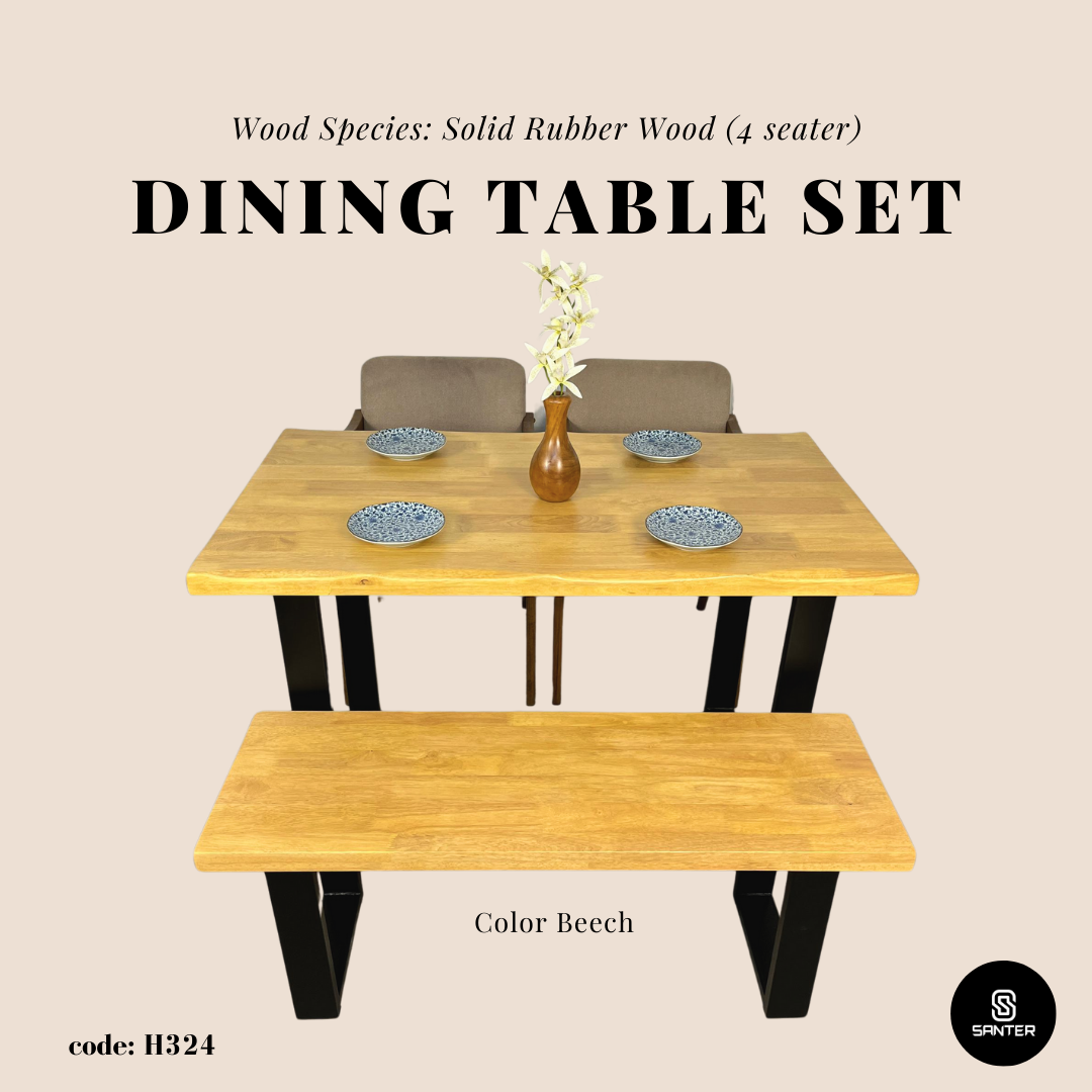 H324. Solid Rubber Wood Dining Table / Dining Bench / Dining Table Set (6 seater)