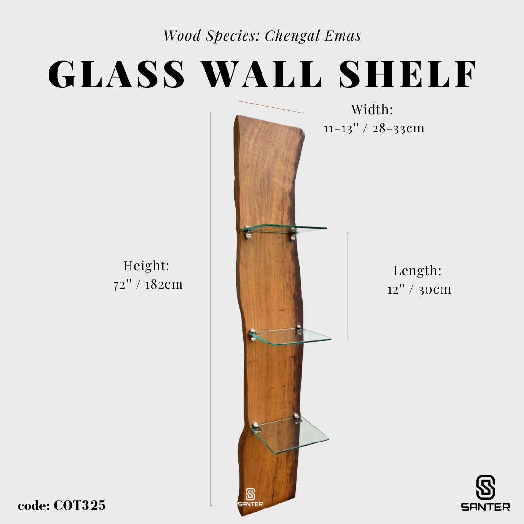 COT325. Chengal Emas Solid Wood Hanging Glass Wall Shelf