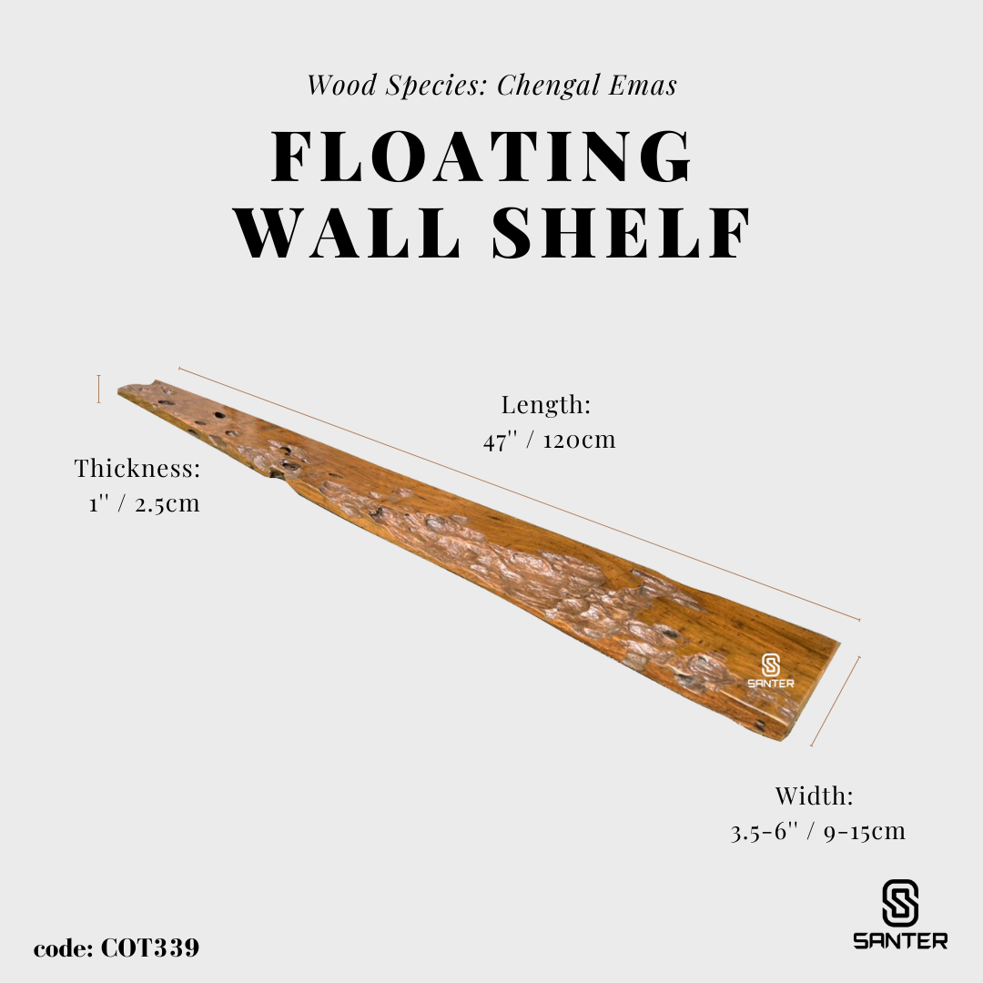 COT339. Chengal Emas Solid Wood Live Edge Floating Wall Shelf