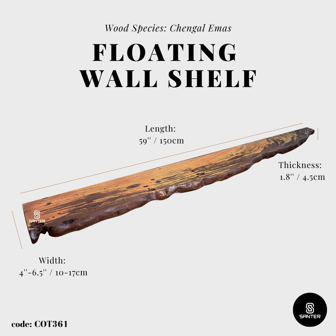 COT361. Chengal Emas Solid Wood Live Edge Floating Wall Shelf
