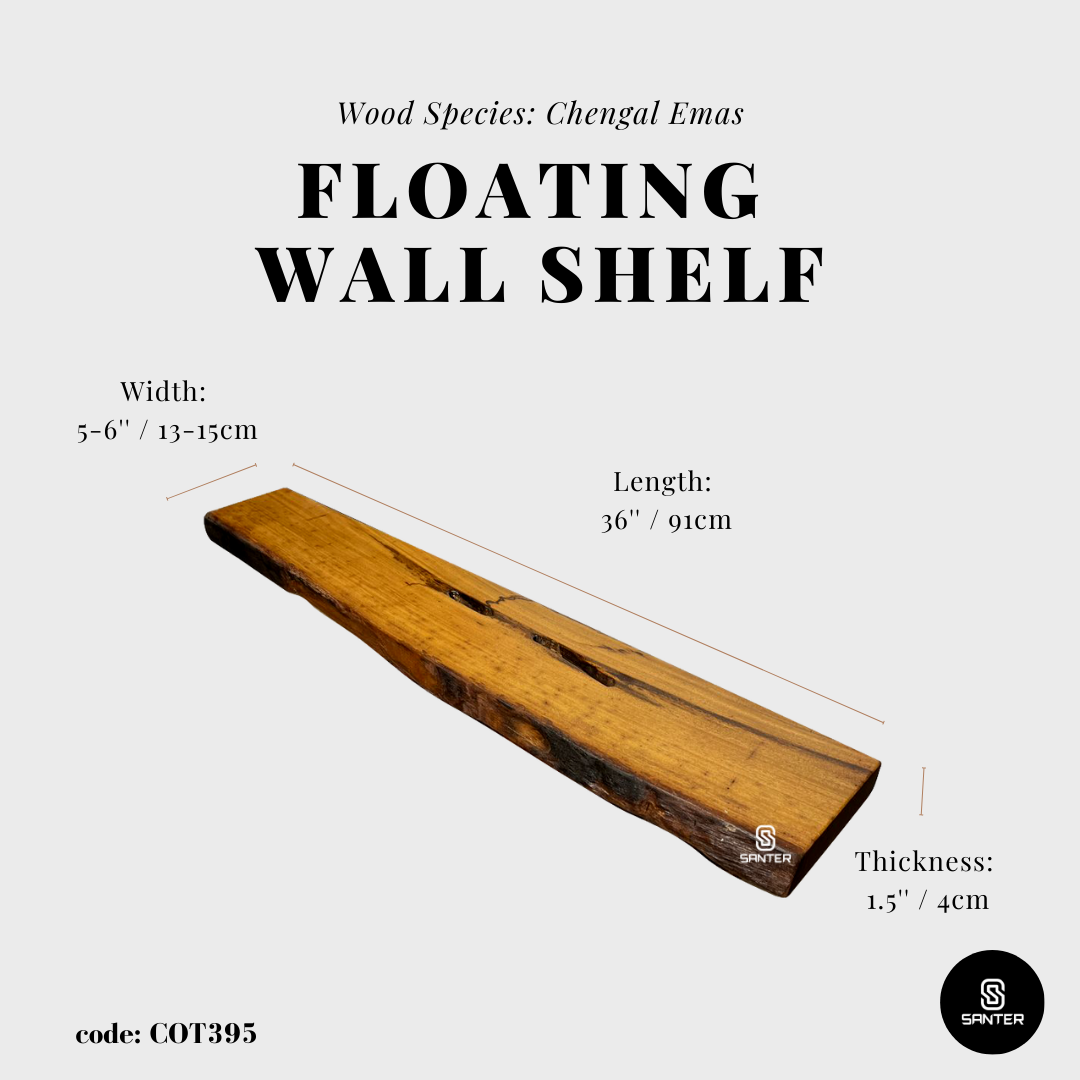 COT395. Chengal Emas Solid Wood Live Edge Floating Wall Shelf