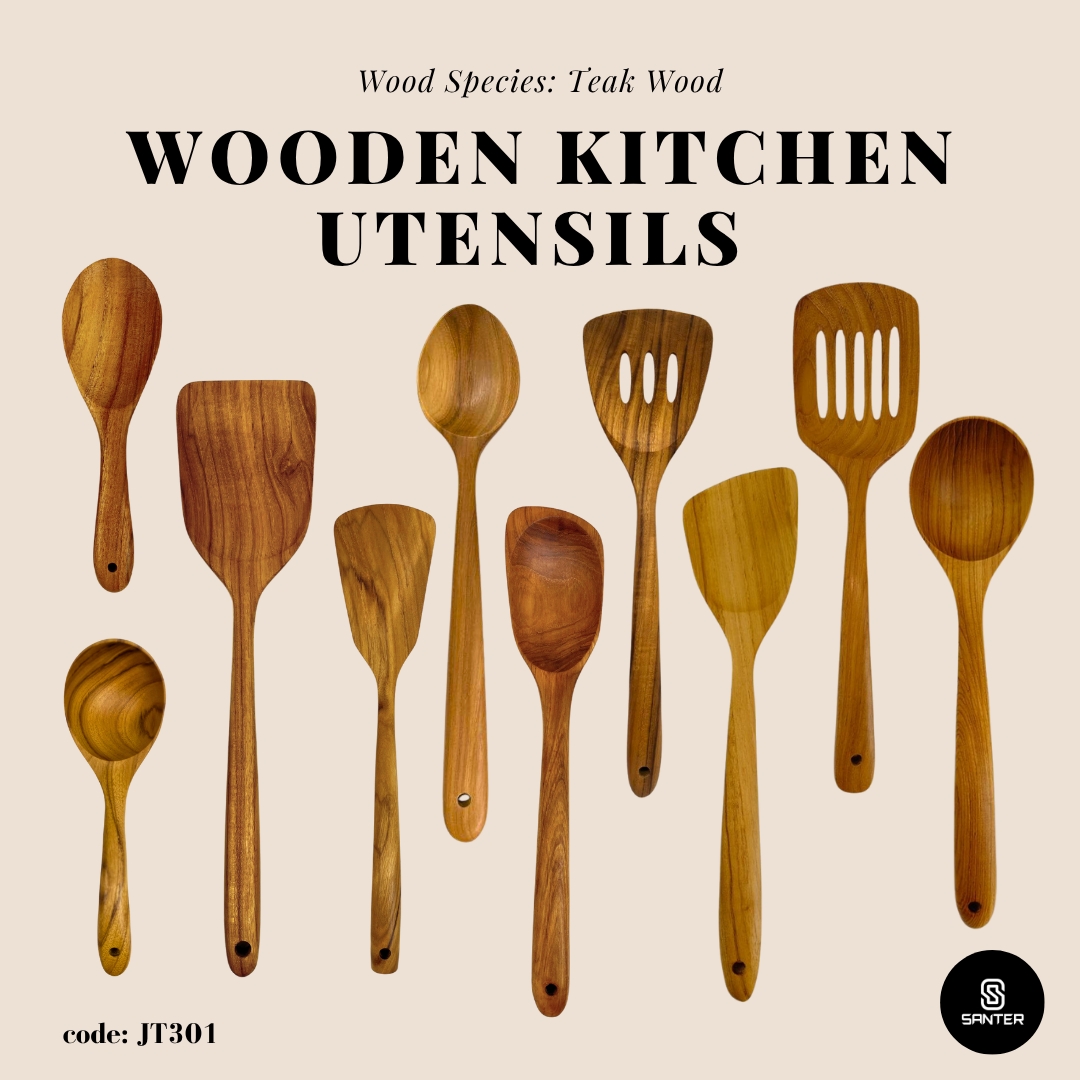 JT301. Teak Wood Wooden Kitchen Utensils / Rice Paddle / Frying Spatula / Wok Spatula / Soup Ladle / Angled Spatula / Slanted Spatula / Slotted Turner