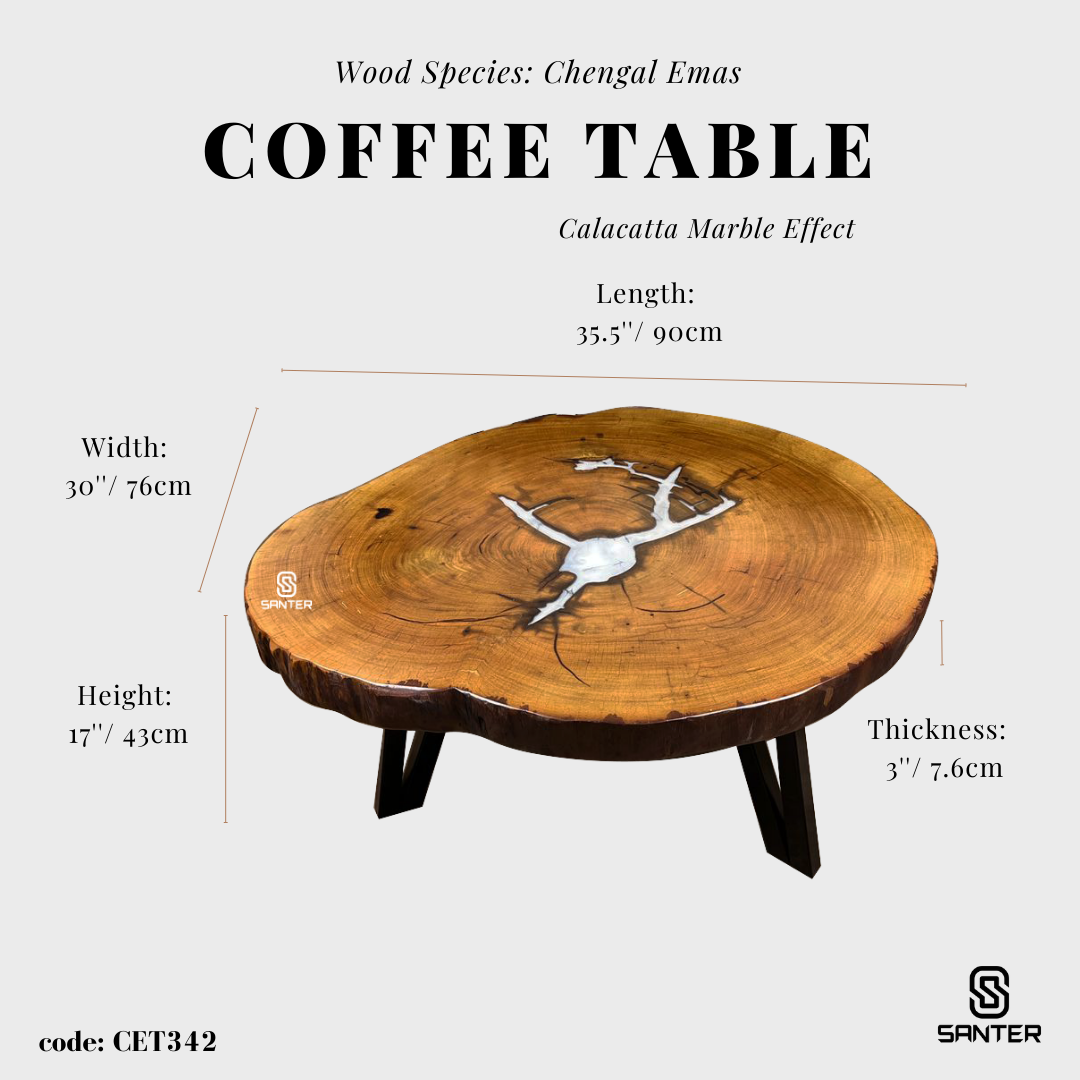 CET342. Chengal Emas Solid Wood Coffee Table (Calacatta Marble effect)