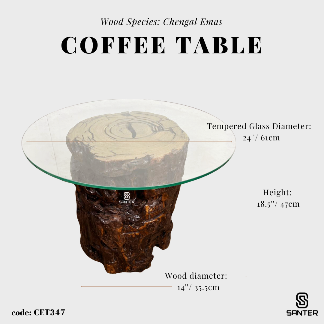 CET347. Chengal Emas Solid Wood Coffee Table (with Tempered Glass)