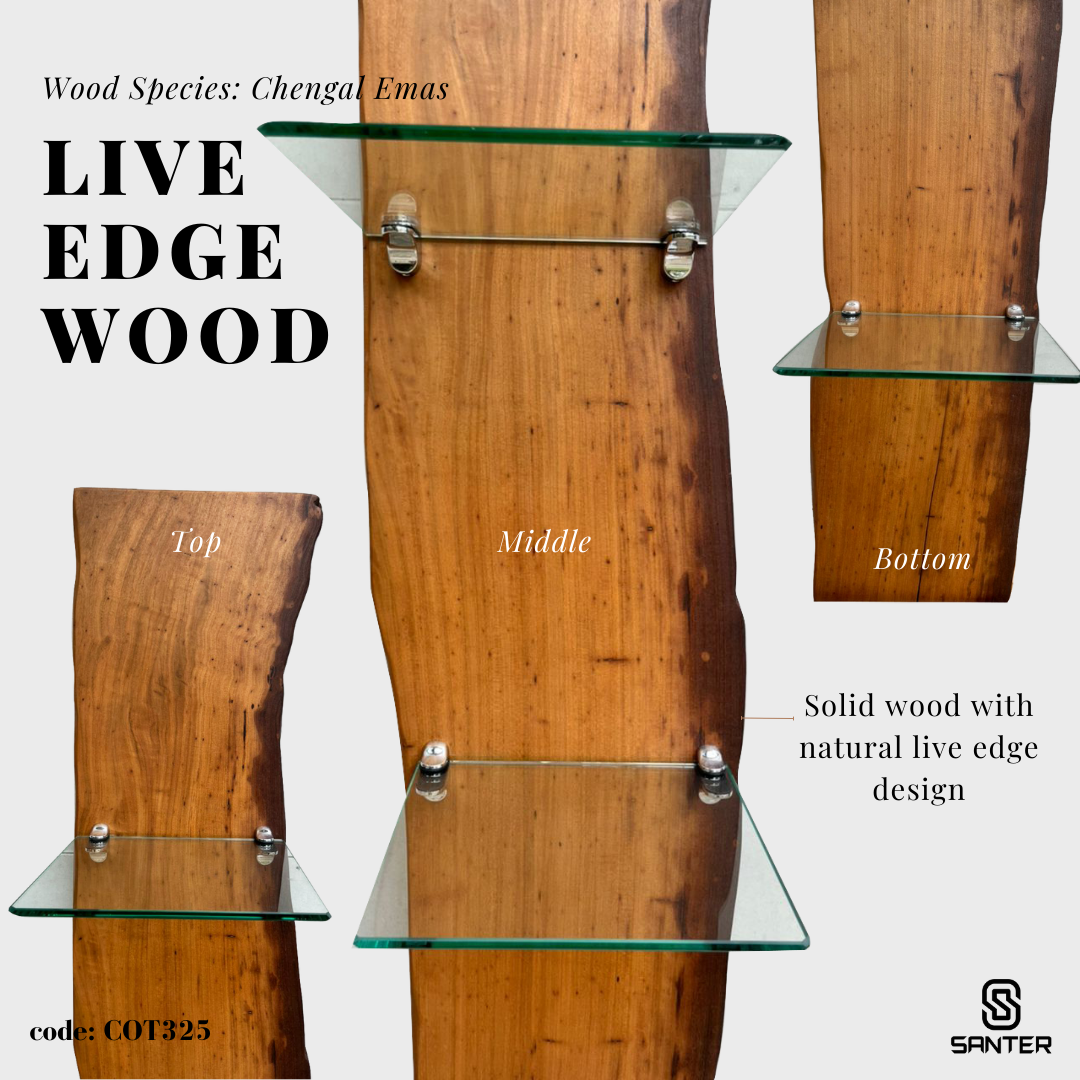 COT325. Chengal Emas Solid Wood Hanging Glass Wall Shelf