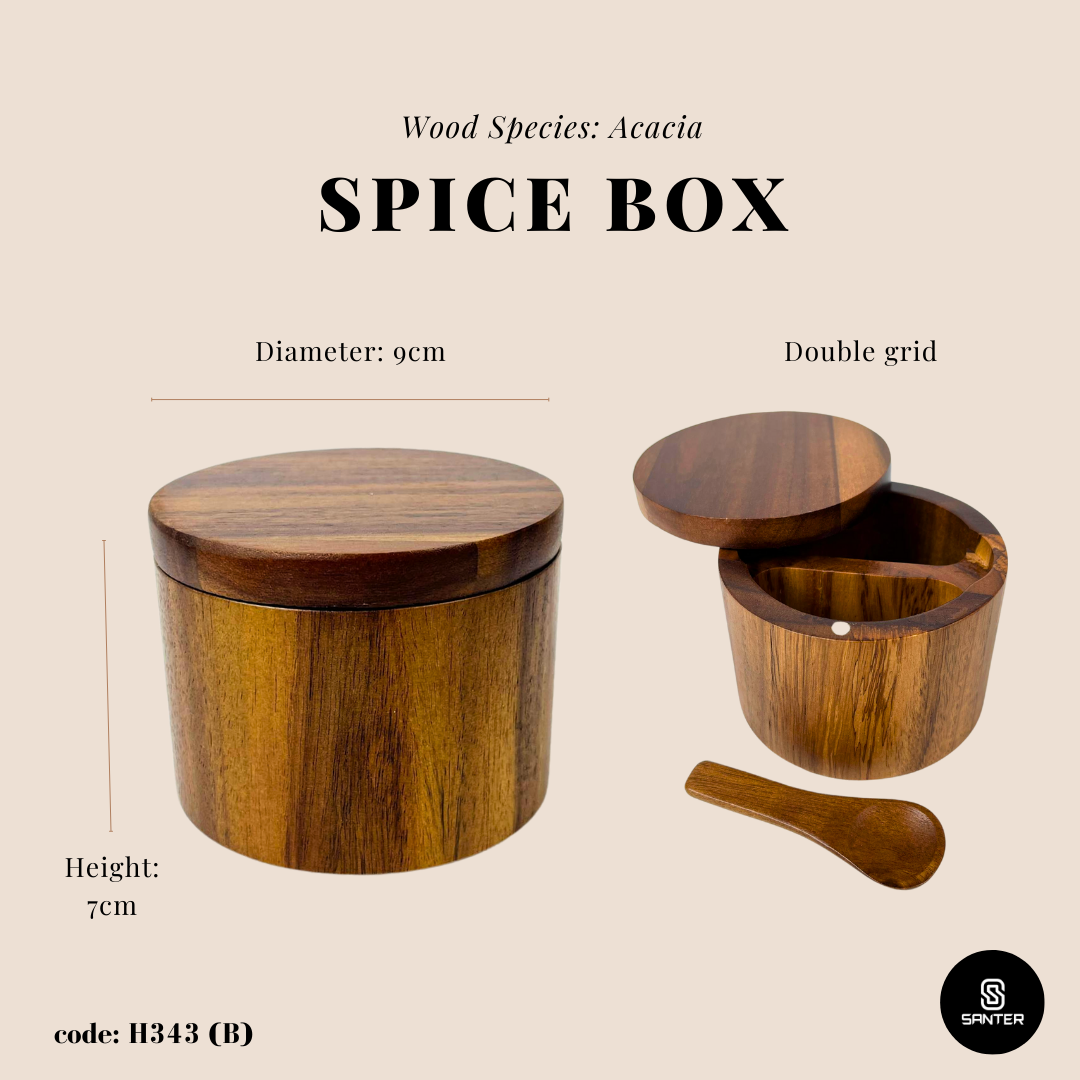 H343. Acacia Wood Salt & Seasoning Box with Lid / Spice Box / Seasoning Holder / Condiment Box