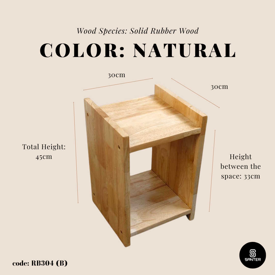 RB304. Solid Rubber Wood Side Table/ Bedside Table/ Storage Shelf/ Book Shelf/ Plant Pot Rack/ Side Table with Shelf