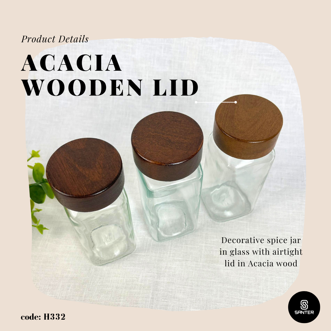 H332. Acacia Wood Wooden Lid Spice Glass Jar / Seasoning Glass Jar / Shaker / Storage / Seasoning Container