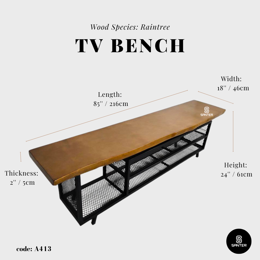 A413. Raintree Solid Wood TV Console Table / Wooden Bench / Storage Bench / TV Bench