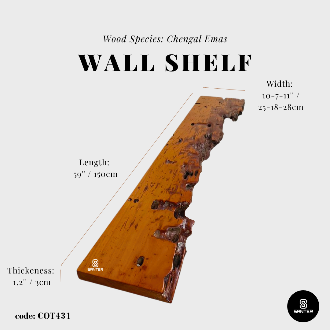COT431. Chengal Emas Solid Wood Rustic Live Edge Floating Wall Shelf / Hanging Wall Shelf